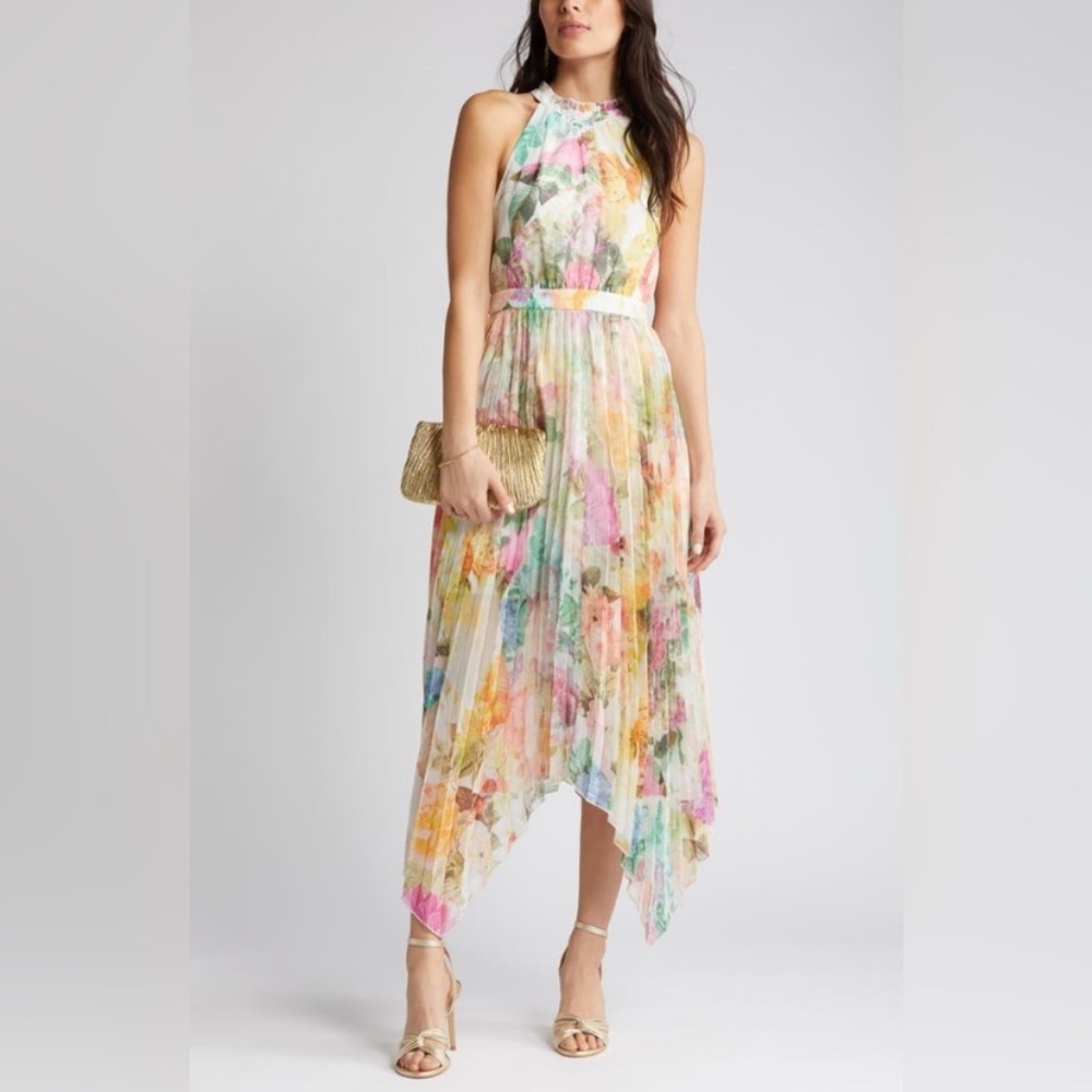 Vince Camuto Ivory Multicolor Halter Floral Chiffon Midi Pleated Dress 8